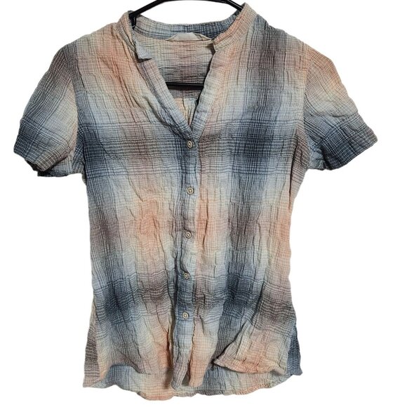 Woolrich Button Front Shirt Womens Size Small Plaid Blue Tan Short Sleeve Top - Picture 1 of 3